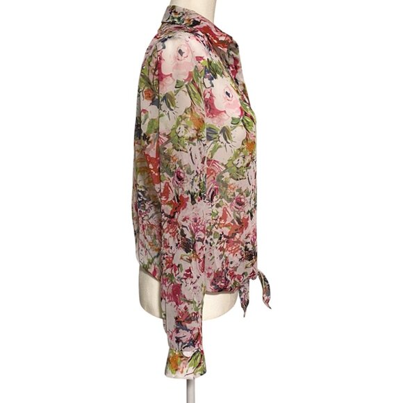 Liz Claiborne Long Sleeve Tie Front Floral Chiffon Blouse, Size Medium - Picture 3 of 7